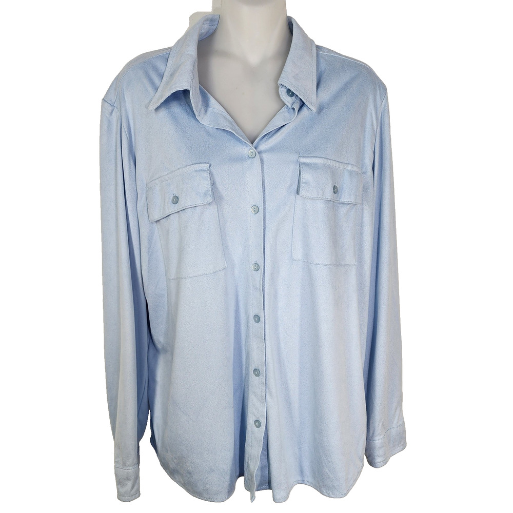 Chicos Shirt Womens Size 2 Large Blue Microsuede Button Up Pockets Long Sleeve
